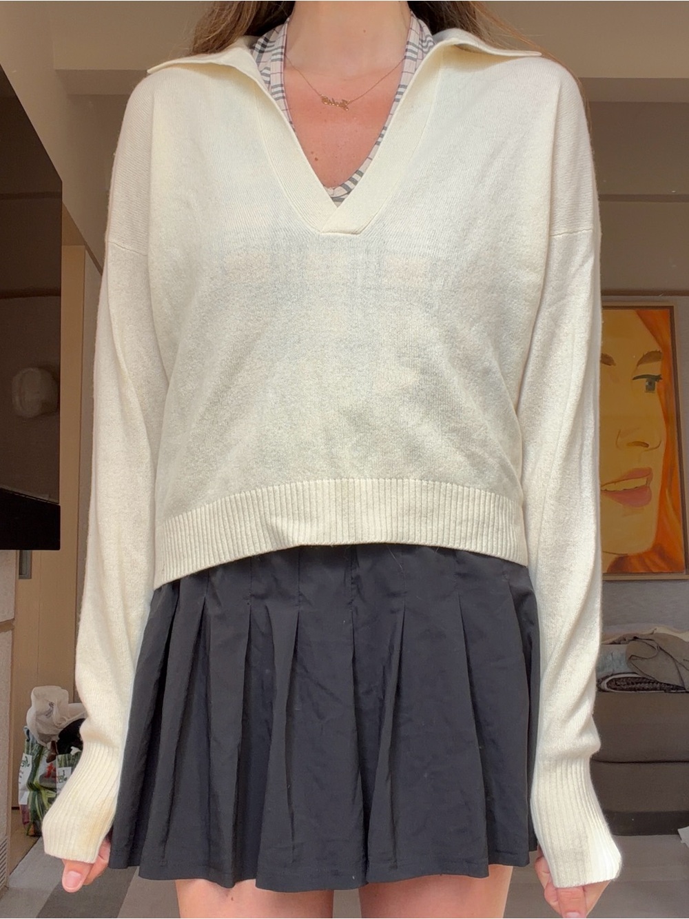 INTERMIX Cream V-Neck Polo Sweater